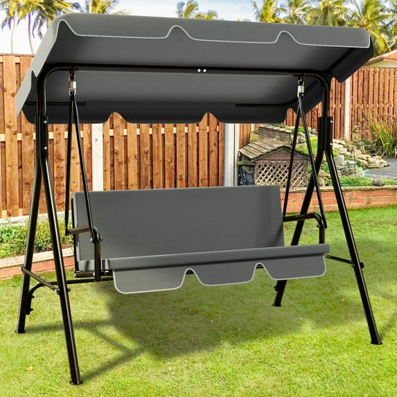 TY Arts & Culture Grey 3-Seat Porch Swing With Backrest, Metal Stand | Outdoor Swings For Adults Covered Lawn Swing