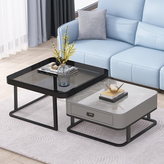 TY Arts & Culture Modern Waterproof Glass Square Coffee Tea End Table Twin Set of 2 Grey