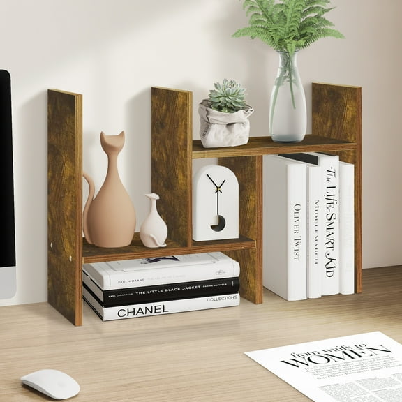 TY Arts & Culture Portable Desktop Organizer Office Storage Rack Adjustable Wood Display Shelf Brown