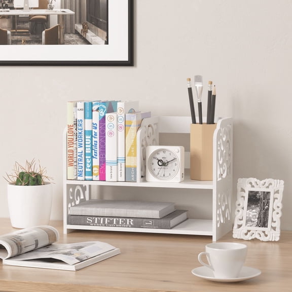 TY Arts & Culture Desktop Organizer Bookshelf Office Storage Rack Adjustable Organization Wood Display Shelf,White