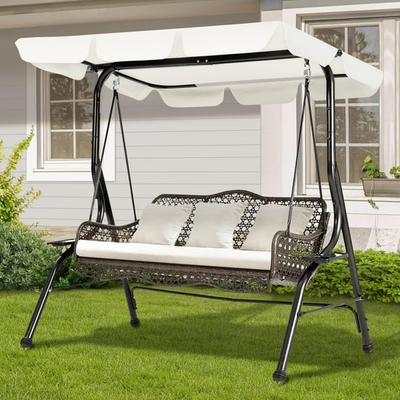 TY Arts & Culture White 3-Seat Porch Swing With Backrest, Metal Stand | Outdoor Swings For Adults Covered Lawn Swing
