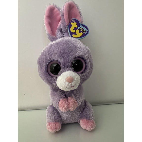 TY Basket Beanie Baby - PETUNIA the Purple Bunny (Solid Eyes)(Regular Size 6" Plush)(BONUS 1 FUN CHOPS & 1 ZIPPER BRACELET)