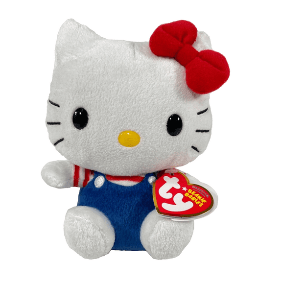 TY Beanie Babies - HELLO KITTY BLUE JUMPER OVERALLS RED BOW (6" PLUSH) (BONUS ONE RANDOM TY ERASER)
