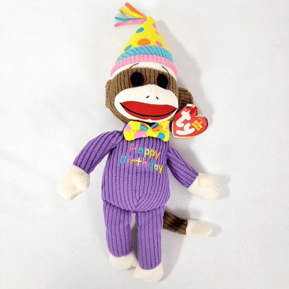 TY Beanie Baby - HAPPY BIRTHDAY Sock Monkey (BONUS 1 FUN CHOPS)