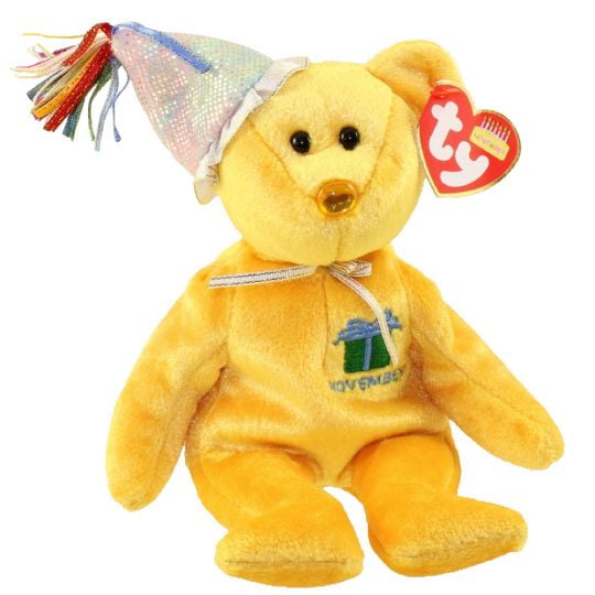 TY Beanie Baby - NOVEMBER the Teddy Birthday Bear (w/ hat) (9.5 Plush) (BONUS ONE RANDOM TY ERASER)
