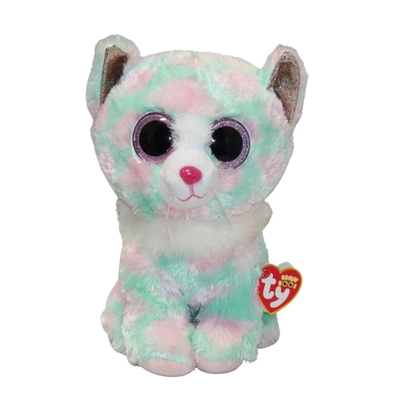 Ty Beanie Boos - Opal the Pink and Green Cat Medium (9") Glitter Eyes - Stuffed Animal
