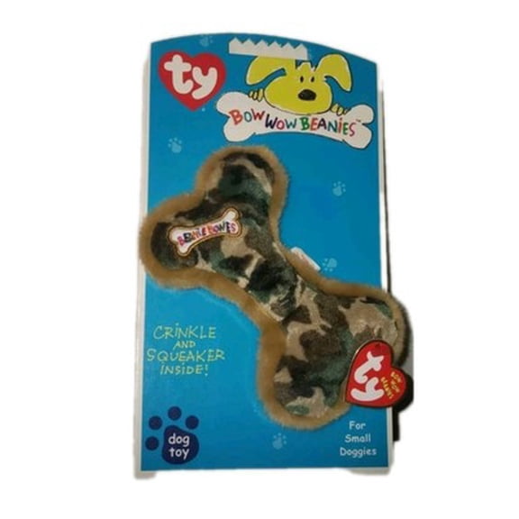 TY Bow Wow Beanie Dog Toy - CAMOUFLAGE Bone (7" Plush)(New in Package)(BONUS 1 FUN CHOPS)