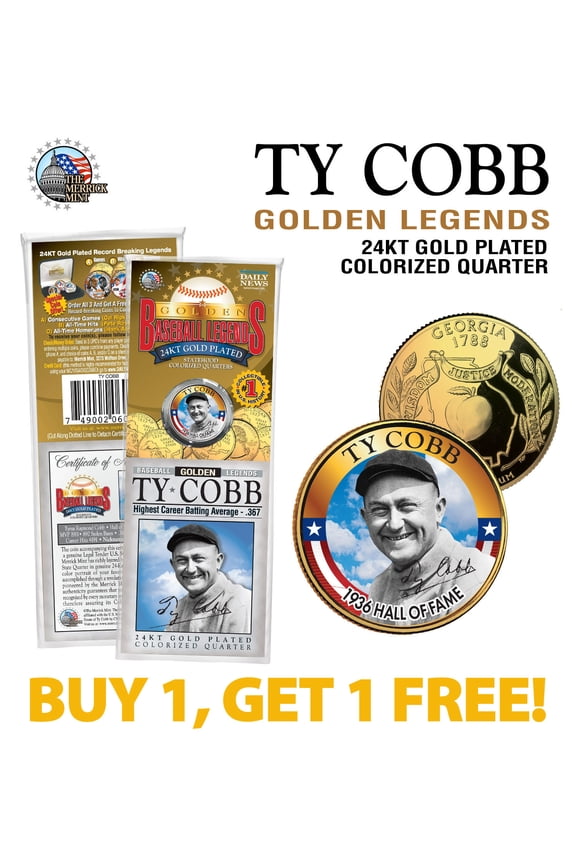 TY COBB Golden Legends 24K Gold Plated GEORGIA State Quarter U.S. Coin - BOGO
