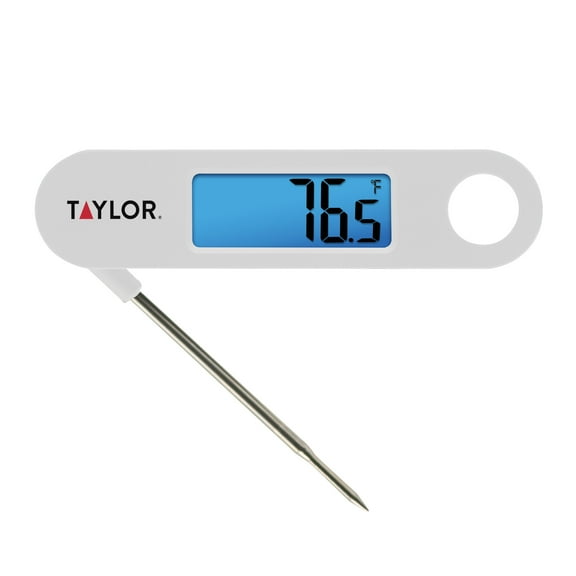 Taylor Stainless Steel Digital Folding Probe Meat Thermometer, Blue Backlight Display, White