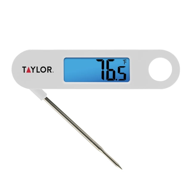 Taylor Stainless Steel Digital Folding Probe Meat Thermometer, Blue Backlight Display, White