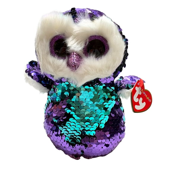 TY Flippables Moonlight - The Purple Sequin Owl (Glitter Eyes) Regular Size 6" Plush (With Fun Chops)