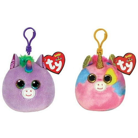 TY Mini Beanie Squishies (Squish-A-Boos) Key Clip - SET OF 2 UNICORNS (Fantasia & Rosette) (3 inch)