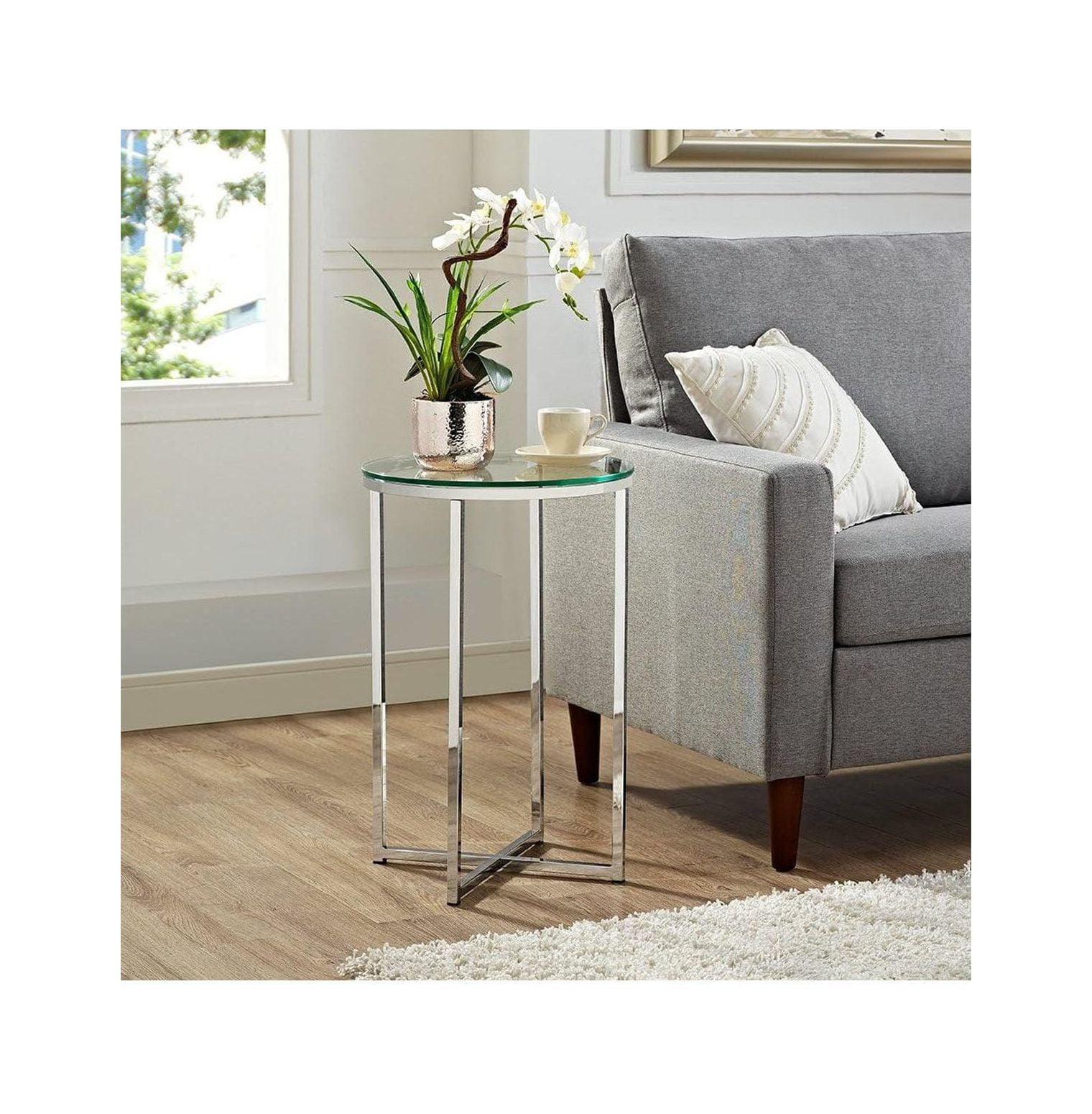 TYAPCS New 16 Inch Glass Top Round Side Table with Chrome Base