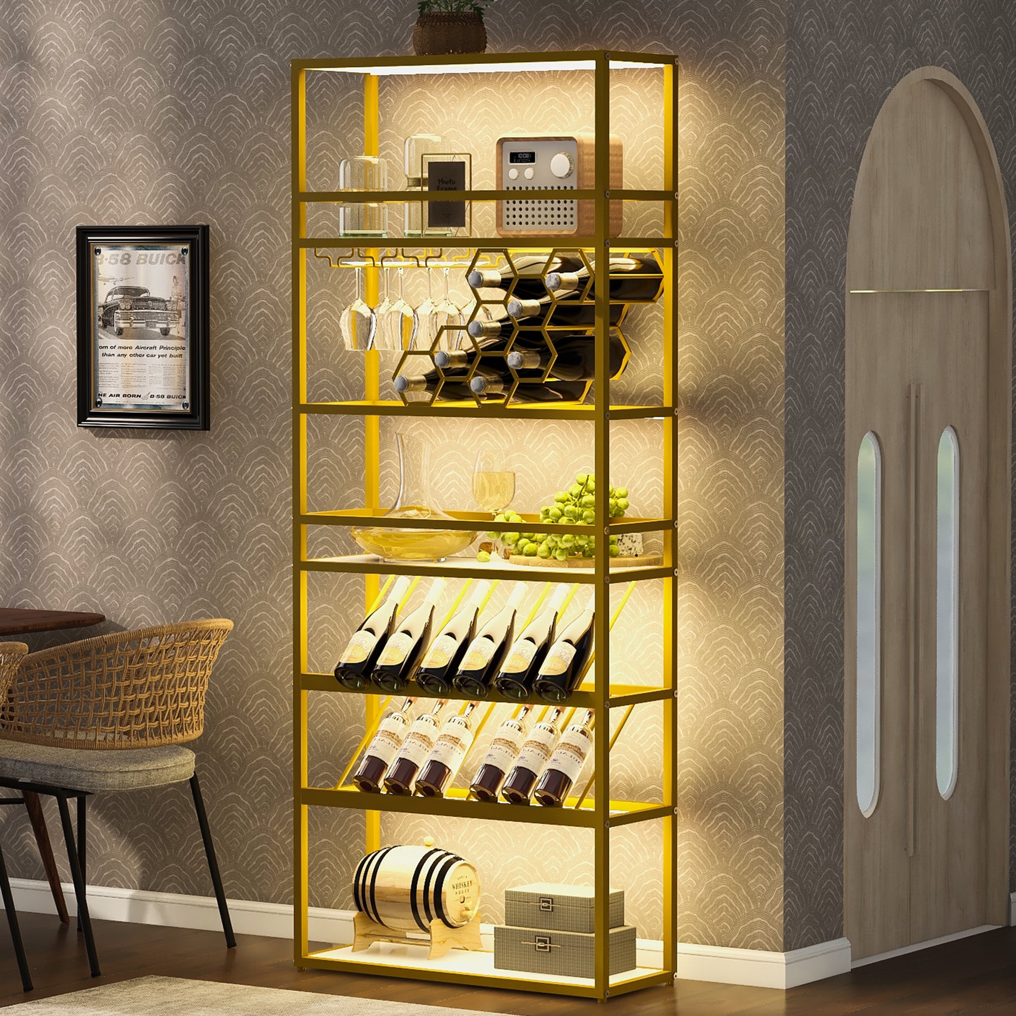 TYAQYF LED Tall Bar Wine Rack, Gold Contemporary Standing