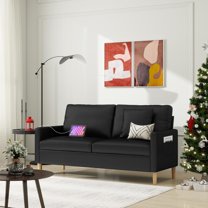 TYBOATLE 66" Black Faux Leather Sofa Couches w/USB, Living Room Mid-Century Modern Tufted  Cloud Loveseat 2 Seater Office Small Couch Love Seat for Small Space Bedroom Drom Apartment