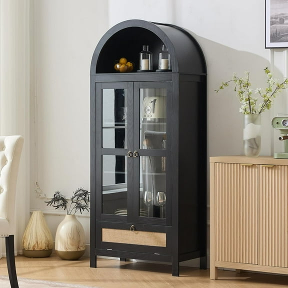 TYBOATLE 71" Tall Arched Pantry Cabinet with Innovative Drawer, Kitchen Cabinet with Anti-Tipping Device and Glass Door, Versatile Cupboard for Kitchen, Dining, Black