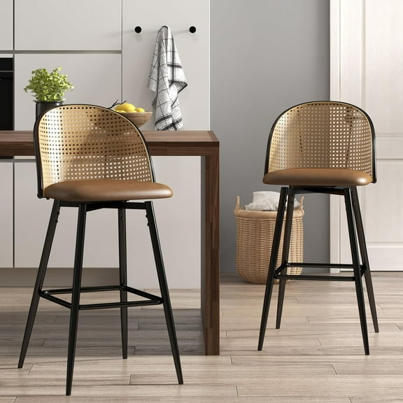TYBOATLE Bar Stools Set of 2 Rattan Swivel 29" Height Barstools for Kitchen Counter Island Mid Century Modern Boho Bar Stool Chairs with Metal Legs Woven Stools Upholstered Brown Faux Leather (Brown)