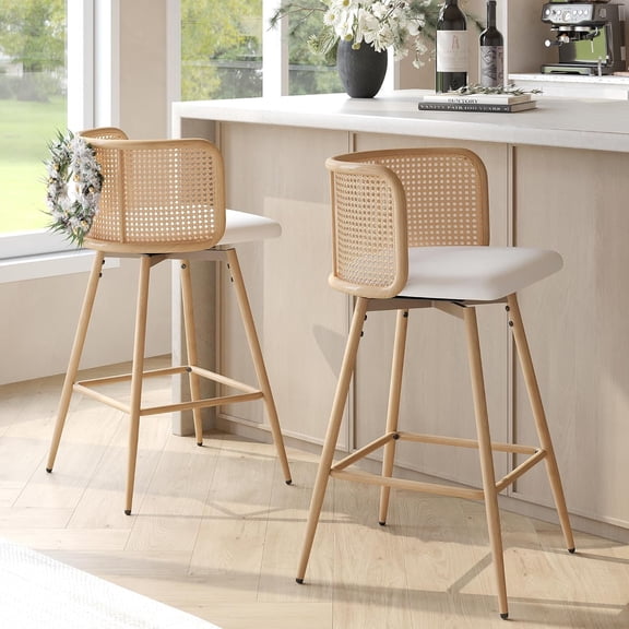 TYBOATLE Swivel Rattan Bar Stools Set of 2, 26” Counter Height Stools with Natural Rattan Woven Back and Faux Leather Seat, Mid-Century Modern Island Chairs Barstools for Kitchen, White (2)