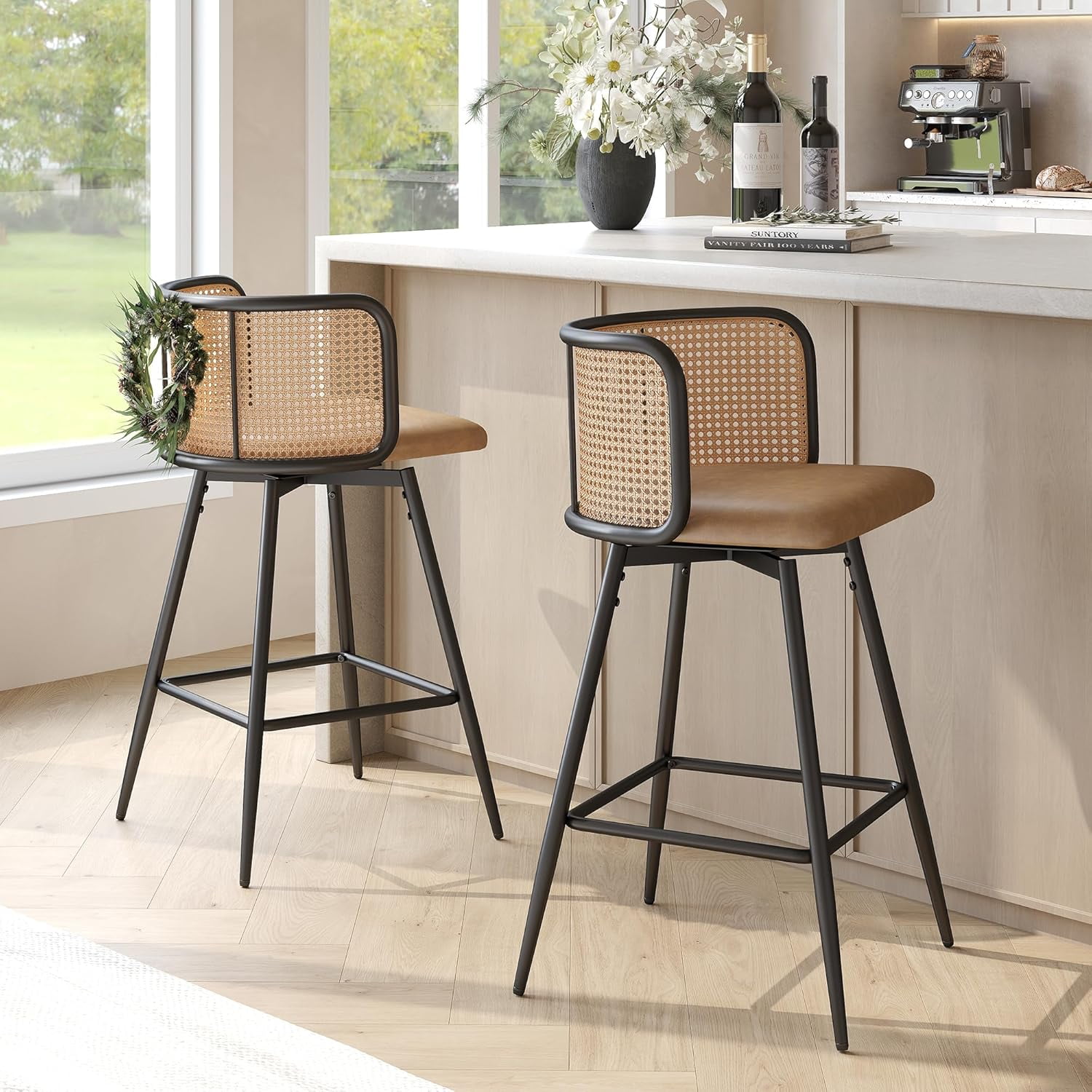 TYBOATLE Swivel Rattan Bar Stools Set of 2, 26” Counter Height Stools ...