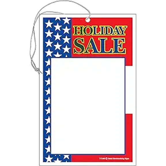 TYC466 Sale Holiday Patriotic Seasonal Elastic Knotted Price Strung Hang Tags with Strings Red and Yellow Pack of 100 (3 1/2" x 5 1/2") Business Store Signs