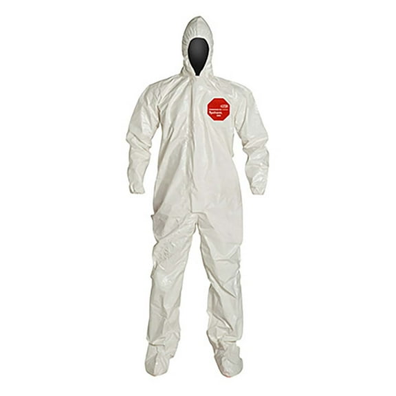 TYCHEM 4000, COVERALL, ZIPPER FRONT, STORM FLAP, HOOD, ELASTIC WRIST, SOCK BOOTS