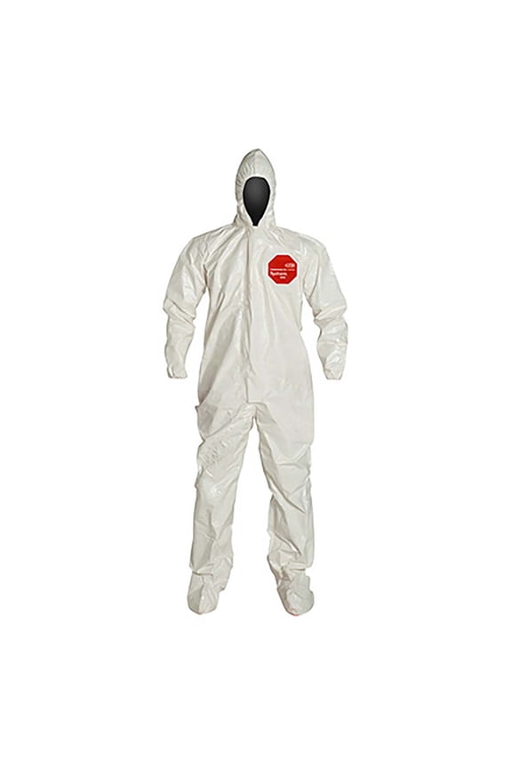 TYCHEM 4000, COVERALL, ZIPPER FRONT, STORM FLAP, HOOD, ELASTIC WRIST, SOCK BOOTS