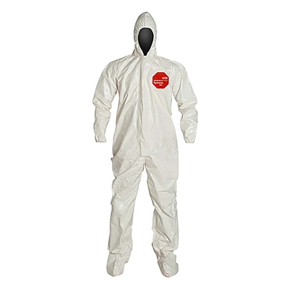 TYCHEM 4000, COVERALL, ZIPPER FRONT, STORM FLAP, HOOD, ELASTIC WRIST, SOCK BOOTS