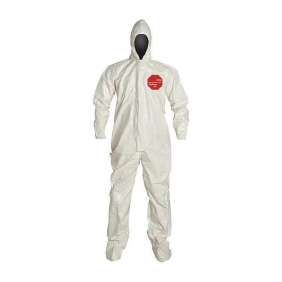 TYCHEM 4000, COVERALL, ZIPPER FRONT, STORM FLAP, HOOD, ELASTIC WRIST, SOCK BOOTS