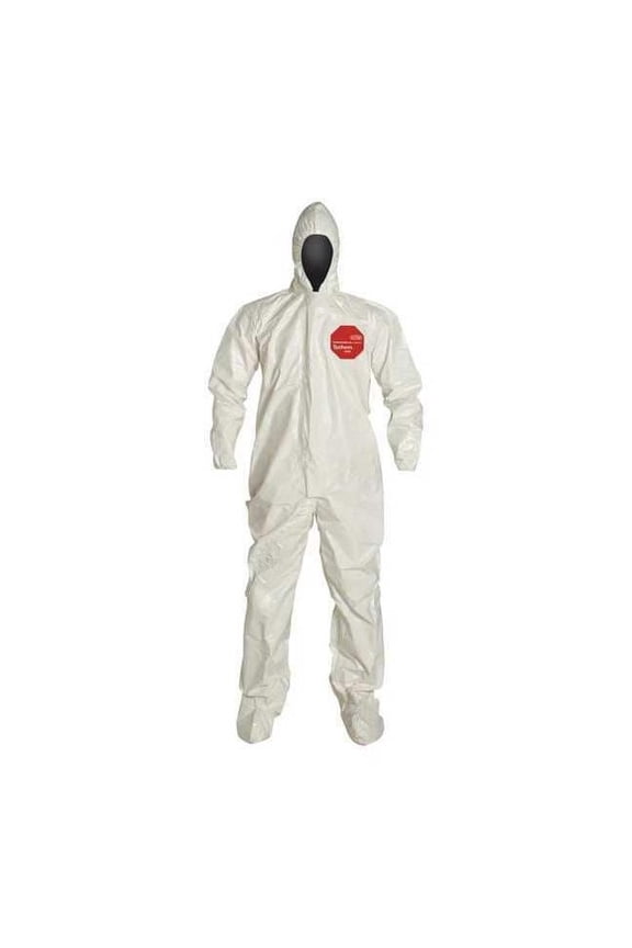 TYCHEM 4000, COVERALL, ZIPPER FRONT, STORM FLAP, HOOD, ELASTIC WRIST, SOCK BOOTS