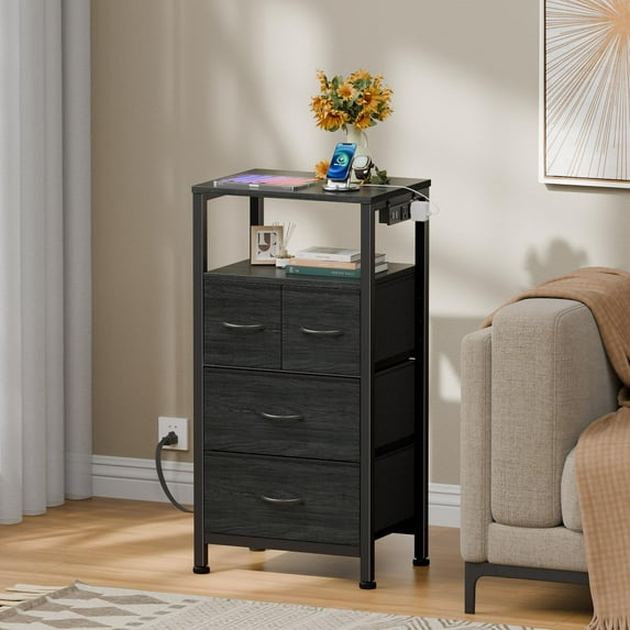 TYDIMOR 4 Drawer Dresser,Small Dresser with Charging Station and LED, Black, for Bedroom and Living Room