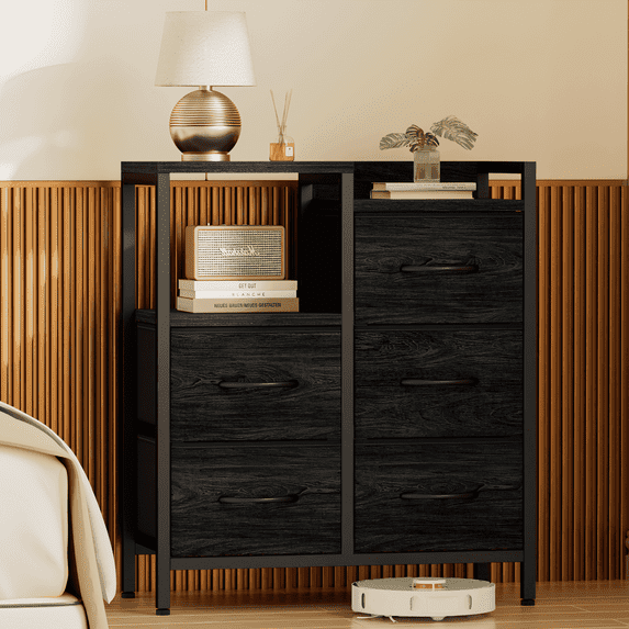 TYDIMOR 5 Drawer Fabric Dresser for Bedroom, Black Oak Chest for Closet & Living Room, Ideal for Adults