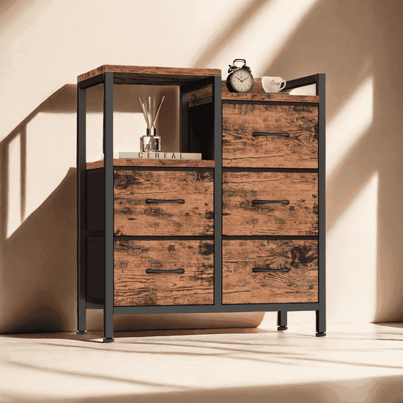 TYDIMOR 5 Drawer Fabric Dresser for Bedroom, Rustic Brown Chest for Closet & Living Room, Ideal for Adults
