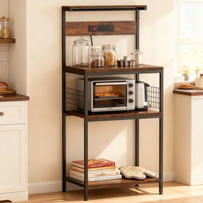 edx 23" Bakers Rack with 3 Outlets, 10 Hooks, Microwave Stand, Rust