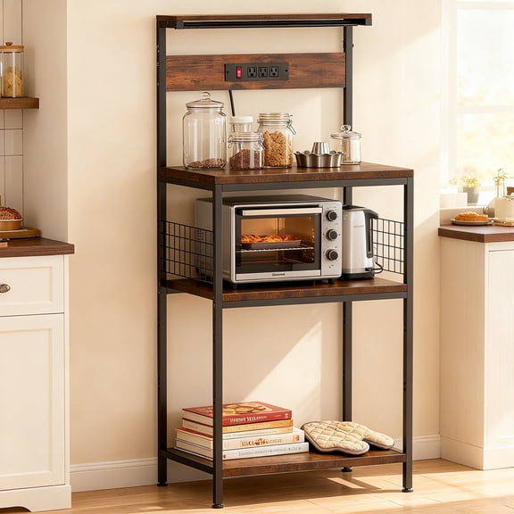 edx 23" Bakers Rack with 3 Outlets, 10 Hooks, Microwave Stand, Rust