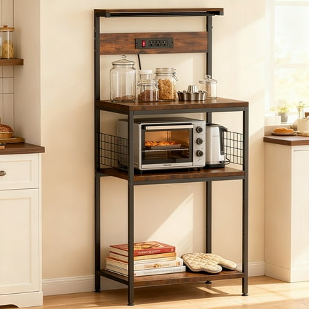 edx 31" Bakers Rack with 3 Power Outlets, 10 Hooks, Kitchen Microwave Stand, 4-Tier Coffee Bar Table, Space-Saving Kitchen Storage Shelf, Rustic Brown