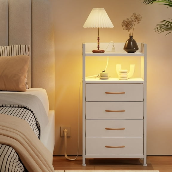 TYDIMOR Dresser Bedside Table with Charging Station, 4 Drawer Nightstand for Bedroom Furniture, White, Modern Style, Adults