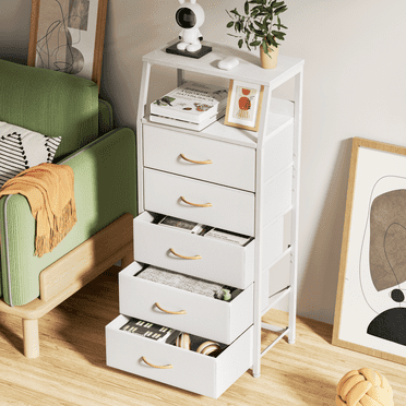 TYDIMOR Fabric Dresser for Bedroom, 5 Drawer Chest of Drawers, White, Ideal for Adults