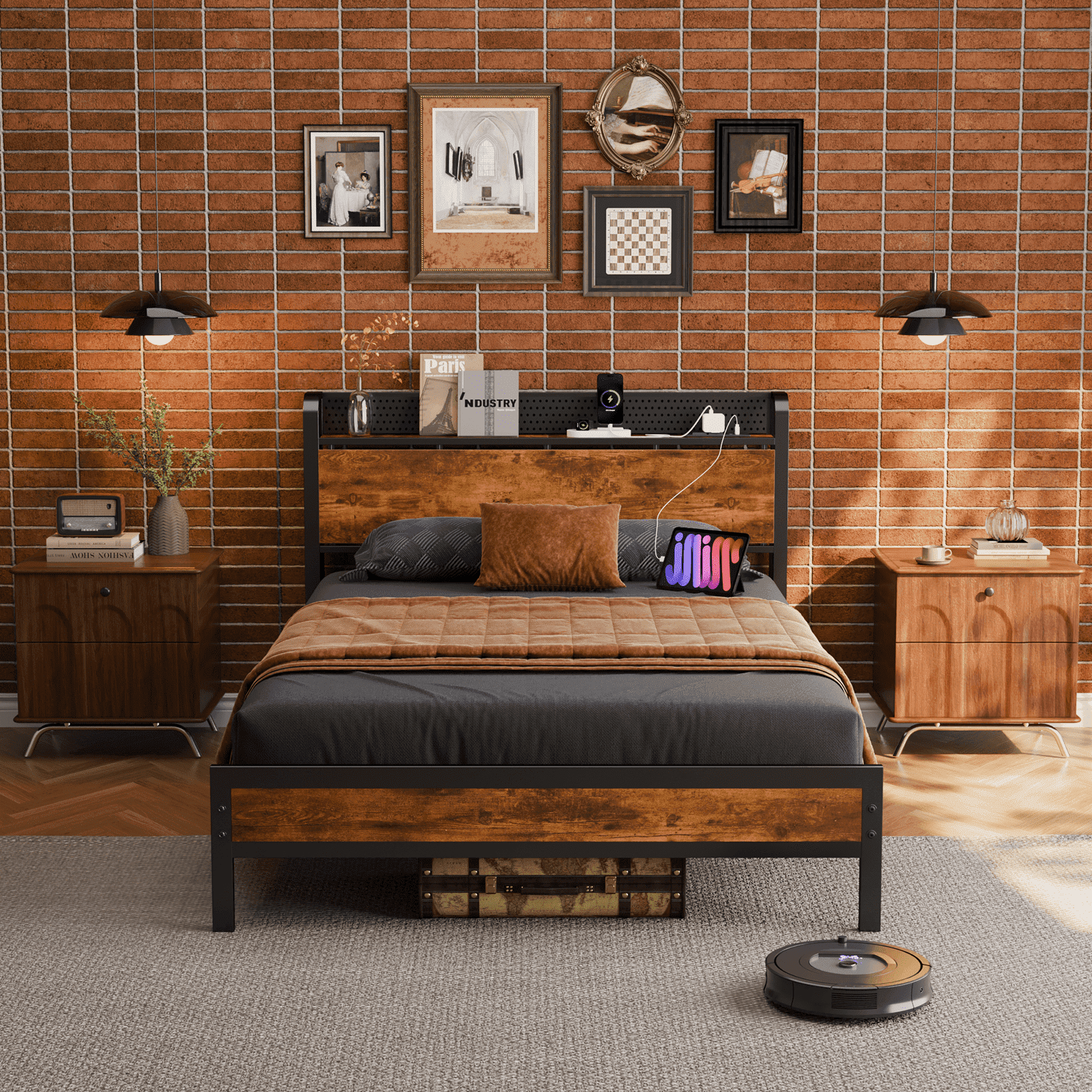 Tydimor Full RGB LED Strip Platforrm Bed Frames with Headboard Metal, Storage Shelves & Underbed, Niose Free, No Box Spring Needed
