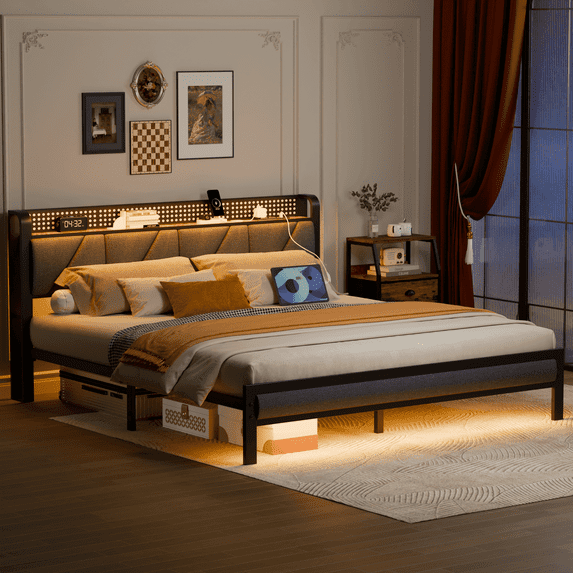 Tydimor King Size Metal Smart Bed Frames with Upholstered Headboard, LED Lights, USB Ports and Outlets, Storage Shelves & Underbed
