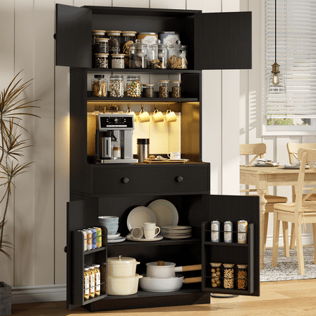 TYDIMOR Kitchen Pantry Storage Cabinet with Doors & Shelves, Wood Buffet Cabinet with Microwave Stand, Tall Hutch Cabinet for Dining Room, Black