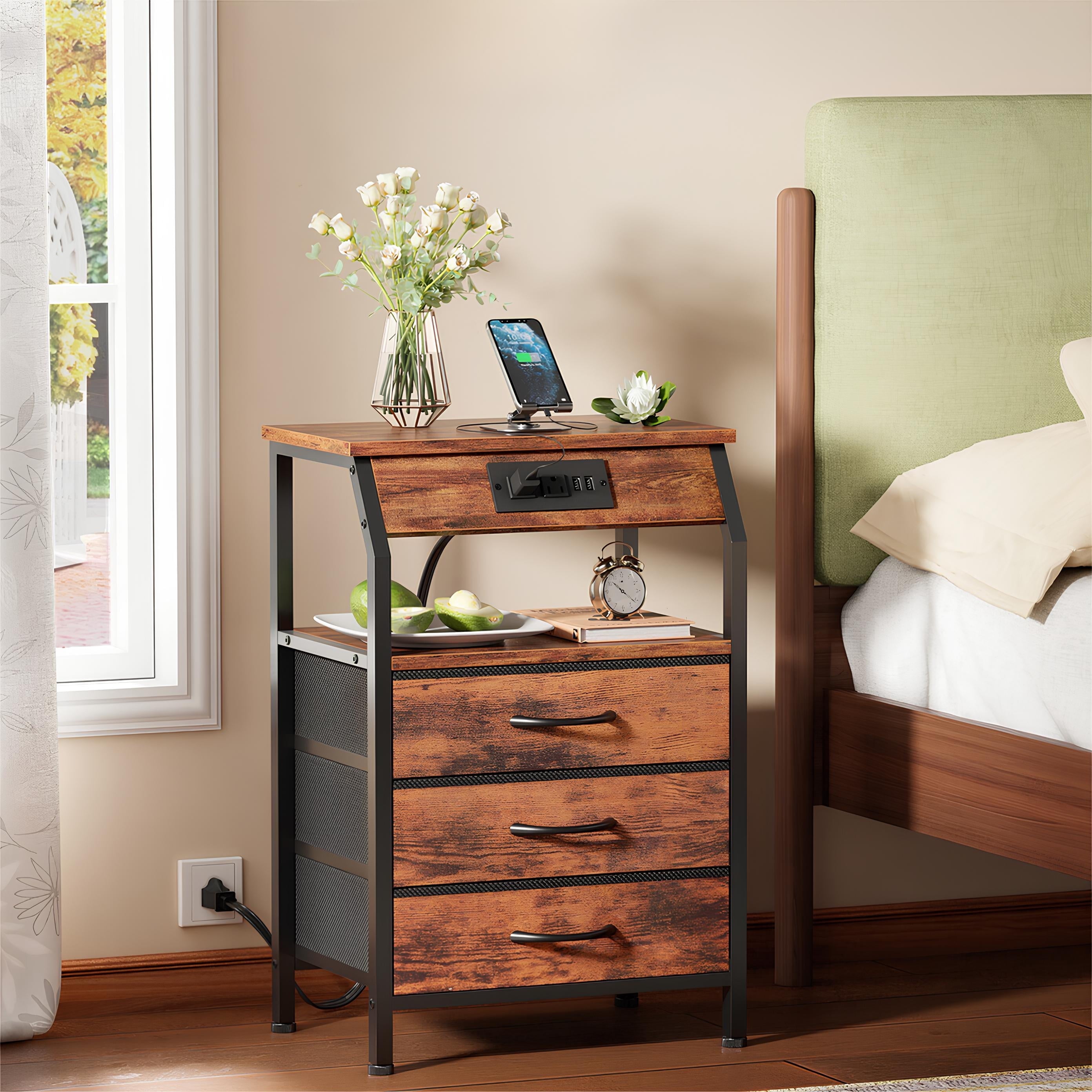 "Tydimor Nightstand and Small Dresser, Brown Fabric Drawers, Charging ...