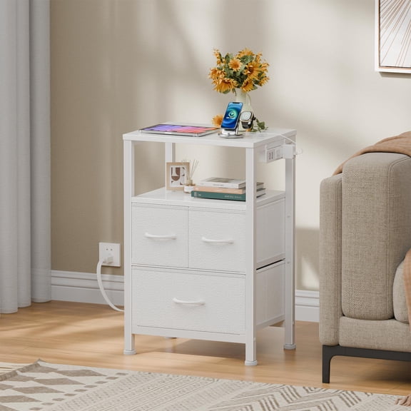 TYDIMOR Nightstand with Charging Station, Bedside Table with 3 Drawer for Bedroom Furniture, White, Modern Style, Adults
