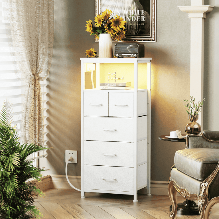 TYDIMOR Small Dresser for Bedroom, 5 Drawer with Charging Station, White, Ideal for Adults