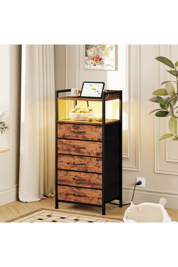 Tall Dresser for Bedroom, 5 Drawer with Charging Station, Brown, Ideal for Adults