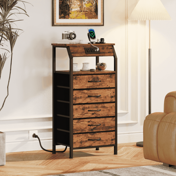 TYDIMOR Tall Dresser for Bedroom, 5 Drawer with Charging Station, Brown, Ideal for Adults