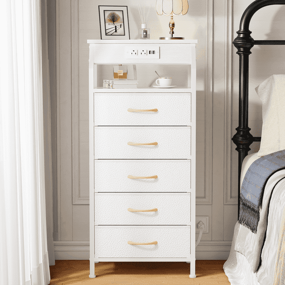 TYDIMOR Tall Dresser for Bedroom, 5 Drawer with Charging Station, White, Ideal for Adults