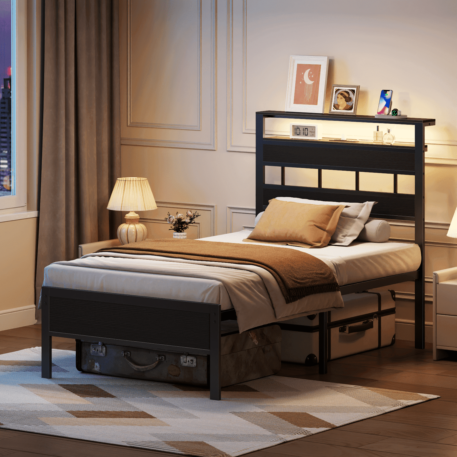 Tydimor Twin Bed Frames with Headboard & LED Lighted,Standard Storage Bed Platforrm with Storage Underbed, No Box Spring Needed