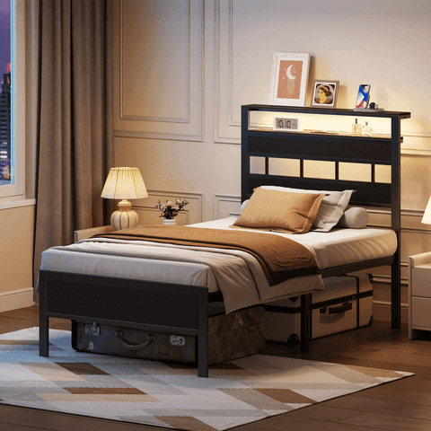 Tydimor Twin Bed Frames with Headboard & LED Lighted,Standard Storage Bed Platforrm with Storage Underbed, No Box Spring Needed