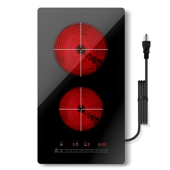 TYEMUI 12 Inch Electric Ceramic Cooktop, 2 Burners Electric Stove 2000W, Built-In or Countertop Hot Plate with 9 Power Levels, Timer & Plug-In Design For Kitchen