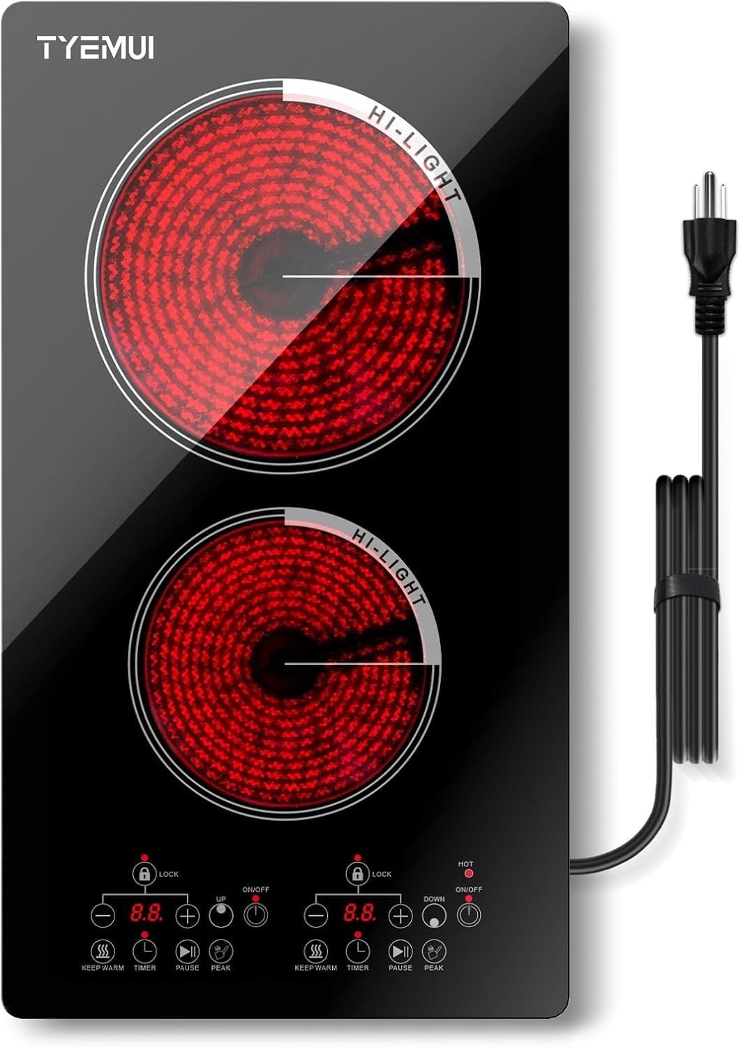 TYEMUI 12 inch Electric Cooktop, 2 Burners Ceramic Stove Top with Plug, Timer, Booster, Keep Warm, Child Lock, Pause,Kitchen Hot Plates With Two Burners